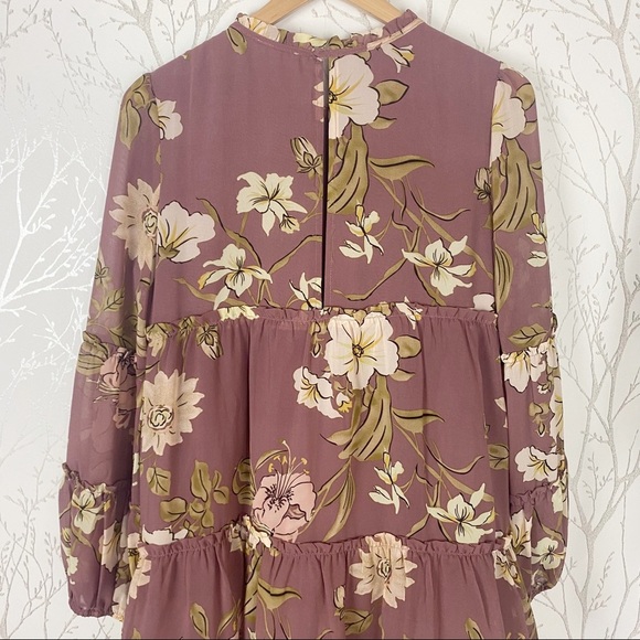 LOVE + HARMONY Mauve Floral Tiered Ruffle Mini Dress Medium Boho Peasant - Picture 4 of 12